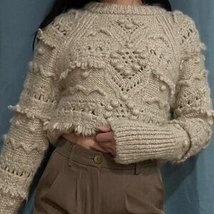 Zara Women wool mohair blend Pom Pom Knit Sweater - Cream As is